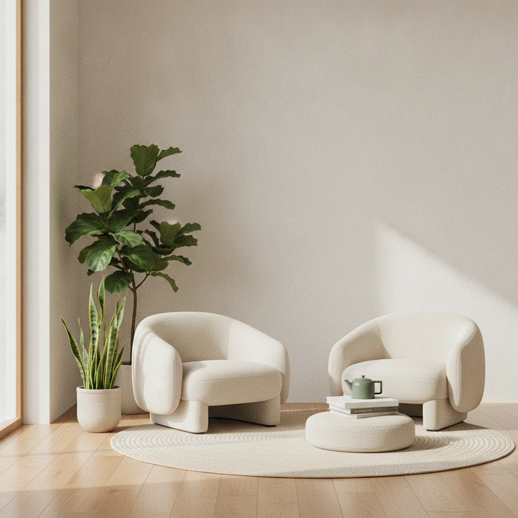 Rustige werkplek met notitieboek, plant en glas water in warm ochtendlicht