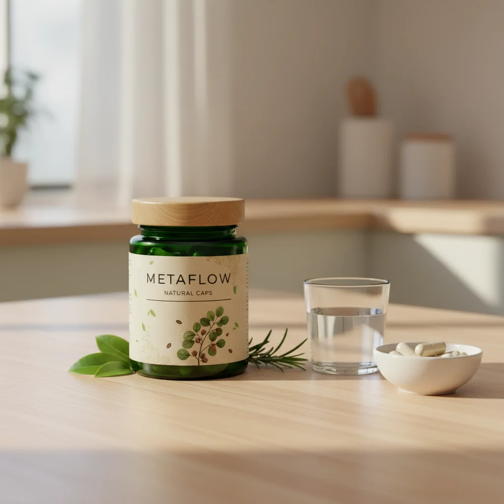 MetaFlow Natural Caps glazen pot op een verlichte keukentafel naast een glas water en amandelen